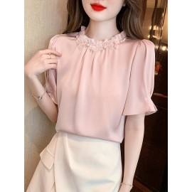 女性のシックなスタンドカラーラッフルトリムシフォンブラウス、半袖無地ポリエステルトップス、ボタンディテール付き、大人向けのオールシーズン織りシャツ - 100 g/m²
