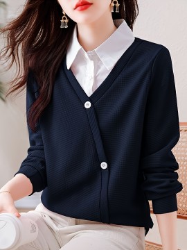 スタイリッシュなワッフルニット長袖シャツ（女性用）- 柔らかく通気性があり、洗濯機で洗える、フェイクボタンディテール、カジュアルシックなデザイン、手入れ簡単な生地