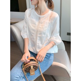 女性用ホワイトレースキャミソールトップ - 半透明シフォンブラウス、半袖＆ラウンドネック、ボタンフロントデザイン、洗濯機可、カジュアルまたはフォーマルウェアに適した多機能シフォンブラウス｜フェミニーンブラウス｜シックなシフォン素材