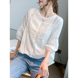 女性用ホワイトレースキャミソールトップ - 半透明シフォンブラウス、半袖＆ラウンドネック、ボタンフロントデザイン、洗濯機可、カジュアルまたはフォーマルウェアに適した多機能シフォンブラウス｜フェミニーンブラウス｜シックなシフォン素材