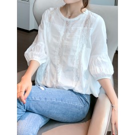 女性用ホワイトレースキャミソールトップ - 半透明シフォンブラウス、半袖＆ラウンドネック、ボタンフロントデザイン、洗濯機可、カジュアルまたはフォーマルウェアに適した多機能シフォンブラウス｜フェミニーンブラウス｜シックなシフォン素材