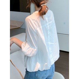 女性用ホワイトレースキャミソールトップ - 半透明シフォンブラウス、半袖＆ラウンドネック、ボタンフロントデザイン、洗濯機可、カジュアルまたはフォーマルウェアに適した多機能シフォンブラウス｜フェミニーンブラウス｜シックなシフォン素材