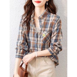 チェック柄ボタンシャツ、カジュアル、長袖、春秋用、レディース