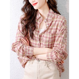 チェック柄ボタンシャツ、カジュアル、長袖、春秋用、レディース
