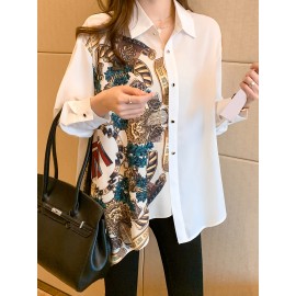 女性用カジュアル長袖シャツ、生産的なドラゴンプリント付き - 軽いブルー、ボタンアップ、シングルブレスト、レギュラーフィット、春/夏/秋に最適、カジュアルな衣装|生産的なプリントシャツ|長袖シャツ