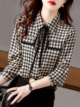 エレガントなハウンドストゥースプリント長袖シャツ、女性用、ポリエステル100%、レギュラーフィット、ラペルカラー、ボタンダイレクト付き、織物、120g/m² - 春/秋シーズン