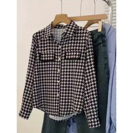 エレガントなハウンドストゥースプリント長袖シャツ、女性用、ポリエステル100%、レギュラーフィット、ラペルカラー、ボタンダイレクト付き、織物、120g/m² - 春/秋シーズン