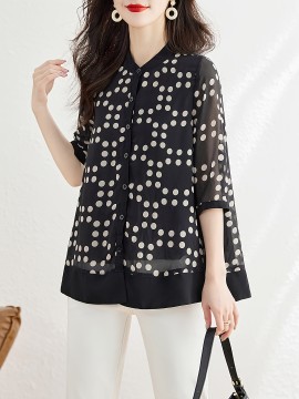 春/夏用のポリエステル製、S41B0212Cの女性用カジュアルなポルカドットのクルーネックボターシャツ