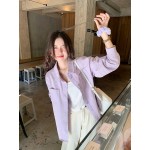 女性用ライトパープルの長袖ボタンアップシャツ - スタイリッシュな韓国デザイン、ポリエステル生地、襟＆胸ポケット、カジュアルまたはオフィスウェアに最適