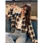 新しい韓国風の格子柄の長袖半袖カーディガン、魅力的なトップ。