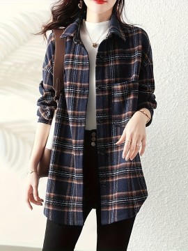 エレガントなチェック柄ミドル丈シャツ（女性用）- ブレンド、長袖、ボタンディテール、洗濯機可