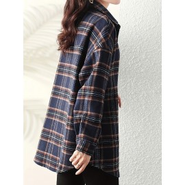 エレガントなチェック柄ミドル丈シャツ（女性用）- ブレンド、長袖、ボタンディテール、洗濯機可