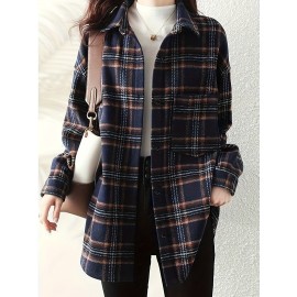 エレガントなチェック柄ミドル丈シャツ（女性用）- ブレンド、長袖、ボタンディテール、洗濯機可