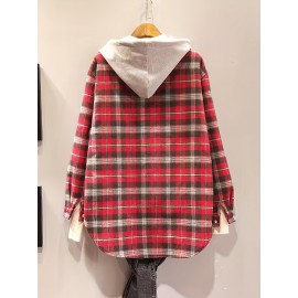 レディース オーバーサイズ チェック柄 フード付きシャツ - カジュアル 長袖 ボタンアップ ドローストリング付き、秋/冬用 レッド＆ブラック ポリエステルブレンド かわいい長袖トップス