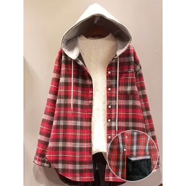 レディース オーバーサイズ チェック柄 フード付きシャツ - カジュアル 長袖 ボタンアップ ドローストリング付き、秋/冬用 レッド＆ブラック ポリエステルブレンド かわいい長袖トップス