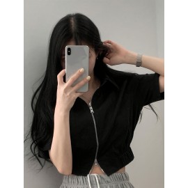 女性用カジュアルブラックショートスリーブジップアップシャツ、ラペルカラー付き - スタイリッシュで多用途の夏用トップ、週末のカジュアルファッションにぴったり