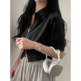 女性用カジュアルブラックショートスリーブジップアップシャツ、ラペルカラー付き - スタイリッシュで多用途の夏用トップ、週末のカジュアルファッションにぴったり