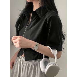 女性用カジュアルブラックショートスリーブジップアップシャツ、ラペルカラー付き - スタイリッシュで多用途の夏用トップ、週末のカジュアルファッションにぴったり