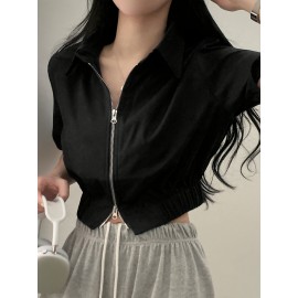 女性用カジュアルブラックショートスリーブジップアップシャツ、ラペルカラー付き - スタイリッシュで多用途の夏用トップ、週末のカジュアルファッションにぴったり