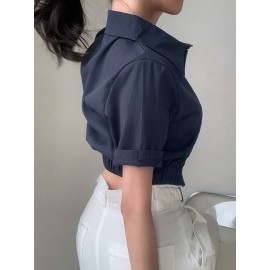 女性用カジュアルブラックショートスリーブジップアップシャツ、ラペルカラー付き - スタイリッシュで多用途の夏用トップ、週末のカジュアルファッションにぴったり