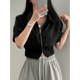 女性用カジュアルブラックショートスリーブジップアップシャツ、ラペルカラー付き - スタイリッシュで多用途の夏用トップ、週末のカジュアルファッションにぴったり