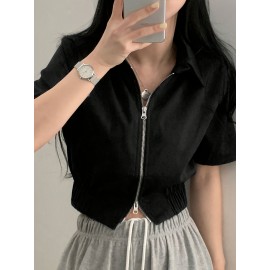 女性用カジュアルブラックショートスリーブジップアップシャツ、ラペルカラー付き - スタイリッシュで多用途の夏用トップ、週末のカジュアルファッションにぴったり