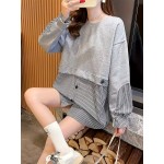 女性用ストライプパネルスウェット、ゆったりシルエット、ボタンディテール、洗濯機洗い
