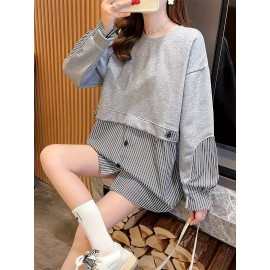 女性用ストライプパネルスウェット、ゆったりシルエット、ボタンディテール、洗濯機洗い