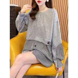 女性用ストライプパネルスウェット、ゆったりシルエット、ボタンディテール、洗濯機洗い
