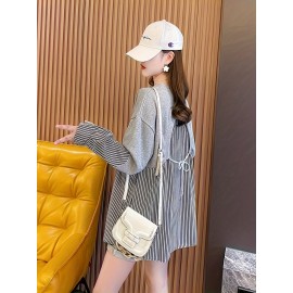 女性用ストライプパネルスウェット、ゆったりシルエット、ボタンディテール、洗濯機洗い