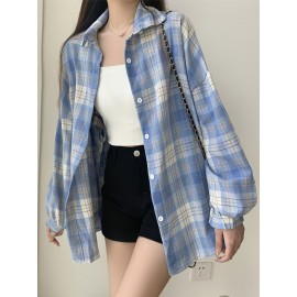 レディースカジュアルチェックシャツ、ストレート、フロントボタン、春夏レトロスタイル、チェックシャツレディースゆったりエレガントカジュアル春秋エレガントチェックシャツ長袖機洗い可能通勤通学に最適