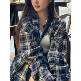 レディースカジュアルチェックシャツ、ストレート、フロントボタン、春夏レトロスタイル、チェックシャツレディースゆったりエレガントカジュアル春秋エレガントチェックシャツ長袖機洗い可能通勤通学に最適