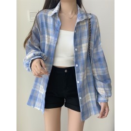 レディースカジュアルチェックシャツ、ストレート、フロントボタン、春夏レトロスタイル、チェックシャツレディースゆったりエレガントカジュアル春秋エレガントチェックシャツ長袖機洗い可能通勤通学に最適