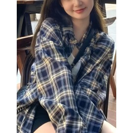 レディースカジュアルチェックシャツ、ストレート、フロントボタン、春夏レトロスタイル、チェックシャツレディースゆったりエレガントカジュアル春秋エレガントチェックシャツ長袖機洗い可能通勤通学に最適