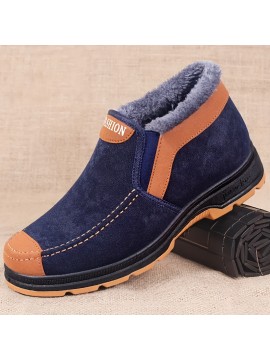 メンズカジュアルスリップオンスノーブーツ、滑り止め暖かいフリース裏地、アウトドアウォーキングハイキング、秋冬、ショートブーツ丈、ファブリックインソール、ラバーソール、無地