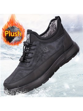 メンズスタイリッシュブラックウィンターブーツ - プラッシュライニング、ノンスリップカジュアルスニーカー、レースアップクロージャー、屋外活動や日常着用に最適、冬用靴 | スタイリッシュな冬用ブーツ | スリッポンブーツ、厚みあり