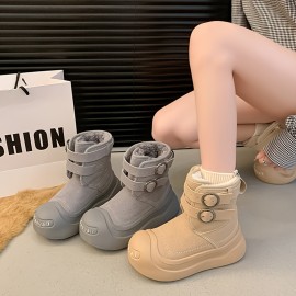 女性の冬用アンクルブーツ、ソリッドカラープラットフォームヒールスノーブーツ、ラウンドトゥ、スリッポンクロージャー、ファブリックアッパー、ゴムソール、プラッシュライニング付き、ヨーロッパの特別なデザイン、泰州生産エリア