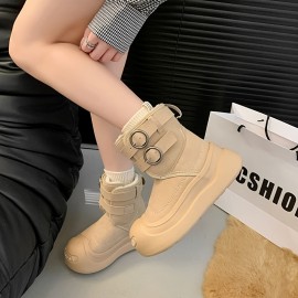 女性の冬用アンクルブーツ、ソリッドカラープラットフォームヒールスノーブーツ、ラウンドトゥ、スリッポンクロージャー、ファブリックアッパー、ゴムソール、プラッシュライニング付き、ヨーロッパの特別なデザイン、泰州生産エリア