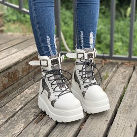 【日常履き】シックなピンクのプラットフォームウェッジアンクルブーツ（女性用）- フェイクカバーレースアップ、バックルストラップ、快適な生地裏地、耐久性のあるPUソール - カジュアルウェアに最適、カジュアルアンクルブーツ|バックルストラップのディテール|合成カバーブーツ、ハイヒールブーツ