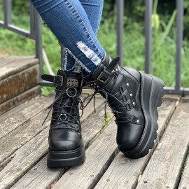 【日常履き】シックなピンクのプラットフォームウェッジアンクルブーツ（女性用）- フェイクカバーレースアップ、バックルストラップ、快適な生地裏地、耐久性のあるPUソール - カジュアルウェアに最適、カジュアルアンクルブーツ|バックルストラップのディテール|合成カバーブーツ、ハイヒールブーツ