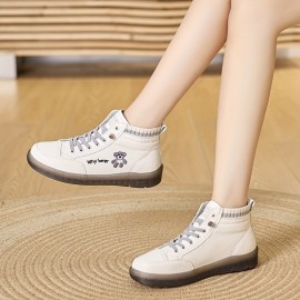 女性用ショートブーツ、ファッションベアプリント、白い靴、春秋の万能屋外スポーツハイカットカジュアルボードシューズ
