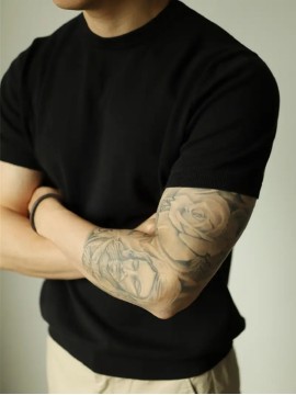 メンズ オールシーズン ビジネスカジュアル 半袖ニットセーター 1枚 - ソリッドブラック ラウンドネック レギュラーフィット、オフィス＆カジュアルに適合 手洗いのみ