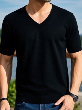 メンズ多用途Vネックニットセーター - カジュアルビジネス半袖、ソリッドカラー、ストレッチファブリック、全シーズン対応、日常着用 | カジュアルスタイル | ニットテクスチャー