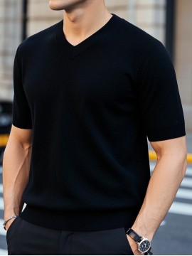 メンズオールシーズン用ビジネスカジュアルVネック半袖ニットセーター1枚 - 無地ブラック、レギュラーフィット、手洗い可能、耐久性と快適さのあるオフィス・セミフォーマル＆カジュアルアテンドに最適、高級な職人技