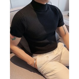 メンズカジュアル夏用ニットタートルネックセーター - ブラック、ショートスリーブ、快適なフィット感、無地、ビジネスカジュアルに最適な服装