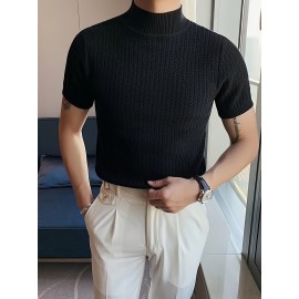 メンズカジュアル夏用ニットタートルネックセーター - ブラック、ショートスリーブ、快適なフィット感、無地、ビジネスカジュアルに最適な服装