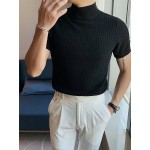メンズカジュアル夏用ニットタートルネックセーター - ブラック、ショートスリーブ、快適なフィット感、無地、ビジネスカジュアルに最適な服装