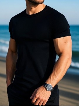 メンズオールシーズンカジュアルビジネスニットセーター - ラウンドネック、半袖、無地ブラック、リブテクスチャー、軽量＆通気性のあるカジュアルアタイル用、多目的服装 | シンプルスタイル | 快適なフィット感