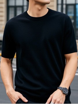 メンズ オールシーズン カジュアル クルーネック 半袖 ニットスウェーター - ブラック、レギュラーフィット、スリットストレッチ、ソリッドカラー、毎日着る定番アイテム | クラシックスタイル、快適な着心地