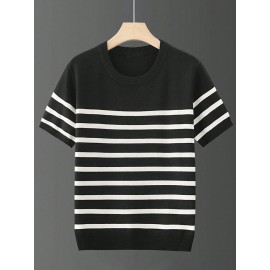 メンズカジュアルブラック&ホワイトストライプニットTシャツ - 通気性、半袖、ラウンドネック、夏のファッション、レギュラーフィット、カジュアルアットワール|ストライプTシャツ|ニットテクスチャー